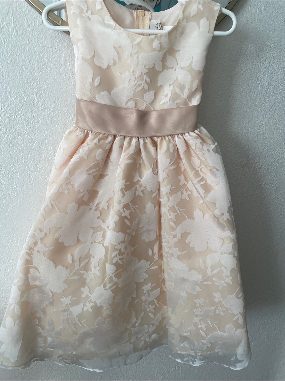 Girls' Cream Floral Satin Waist Dress